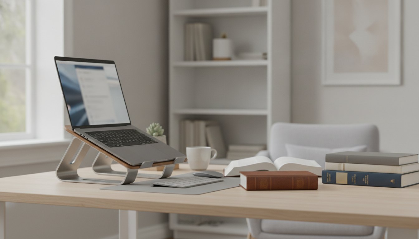 Profissional de criação trabalhando em notebook com suporte ergonômico em escritório doméstico bem iluminado.