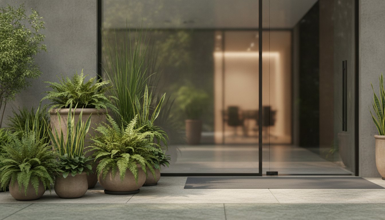 Área externa de um escritório comercial com plantas em vasos grandes e porta de vidro.