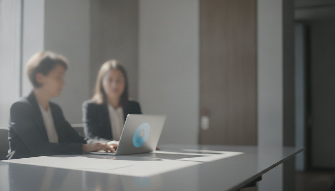 Duas pessoas conversam sentadas em um escritório moderno com um notebook aberto sobre a mesa.