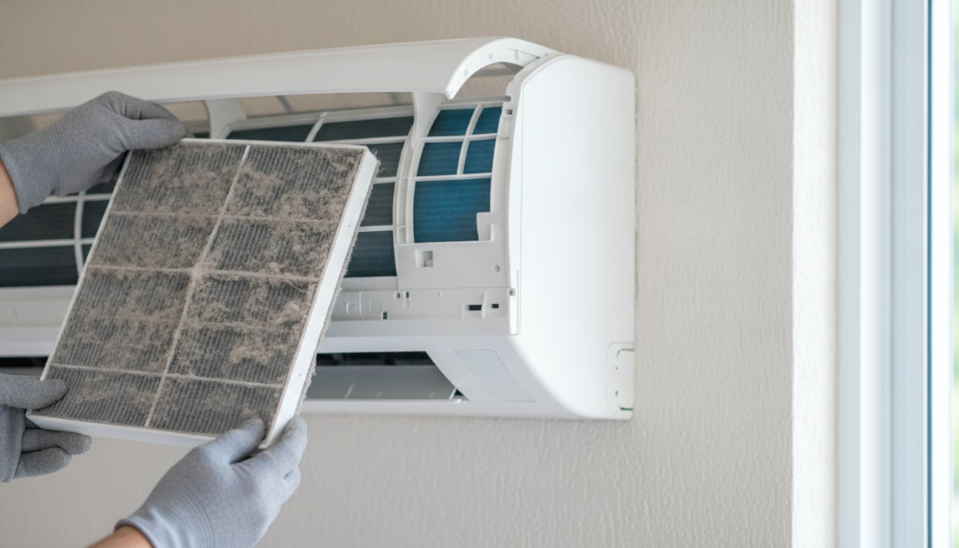 Técnico com luvas limpando o filtro empoeirado de um ar-condicionado split branco na parede.