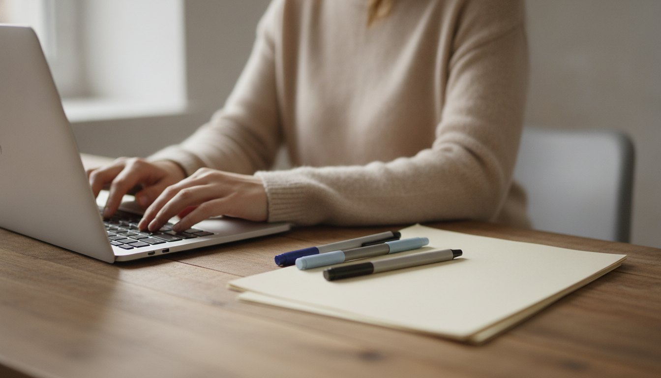 Mulher digitando em notebook sobre mesa de madeira com papéis e canetas ao lado.