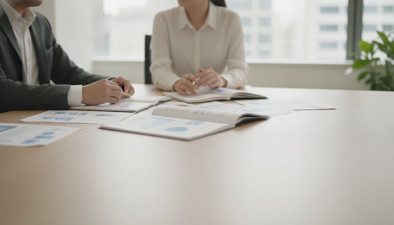 Duas pessoas sentadas em uma mesa de escritório conversando com expressões serenas e documentos abertos.
