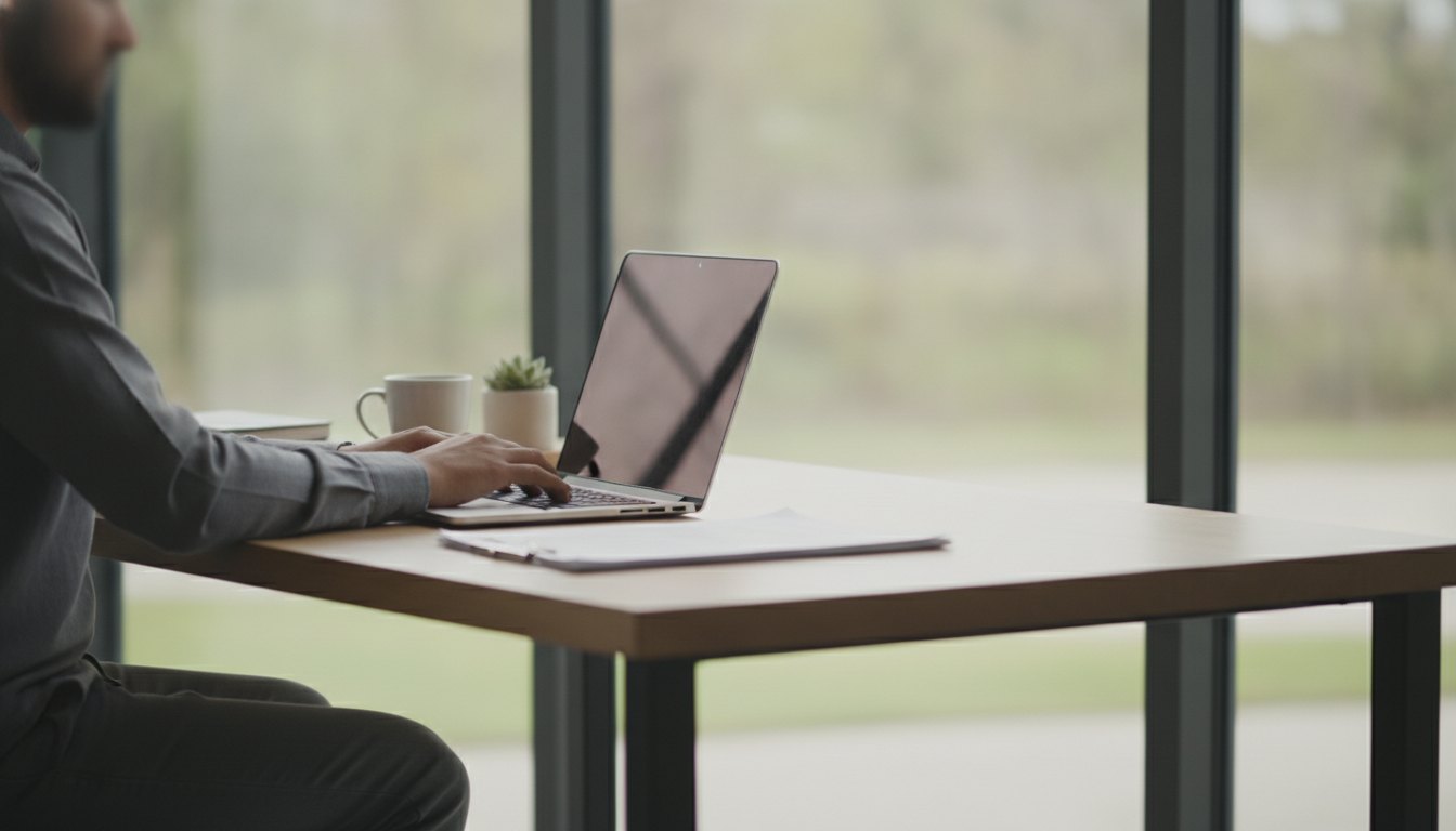 Pessoa sentada em uma mesa de escritório com notebook aberto digitando e olhando para a tela