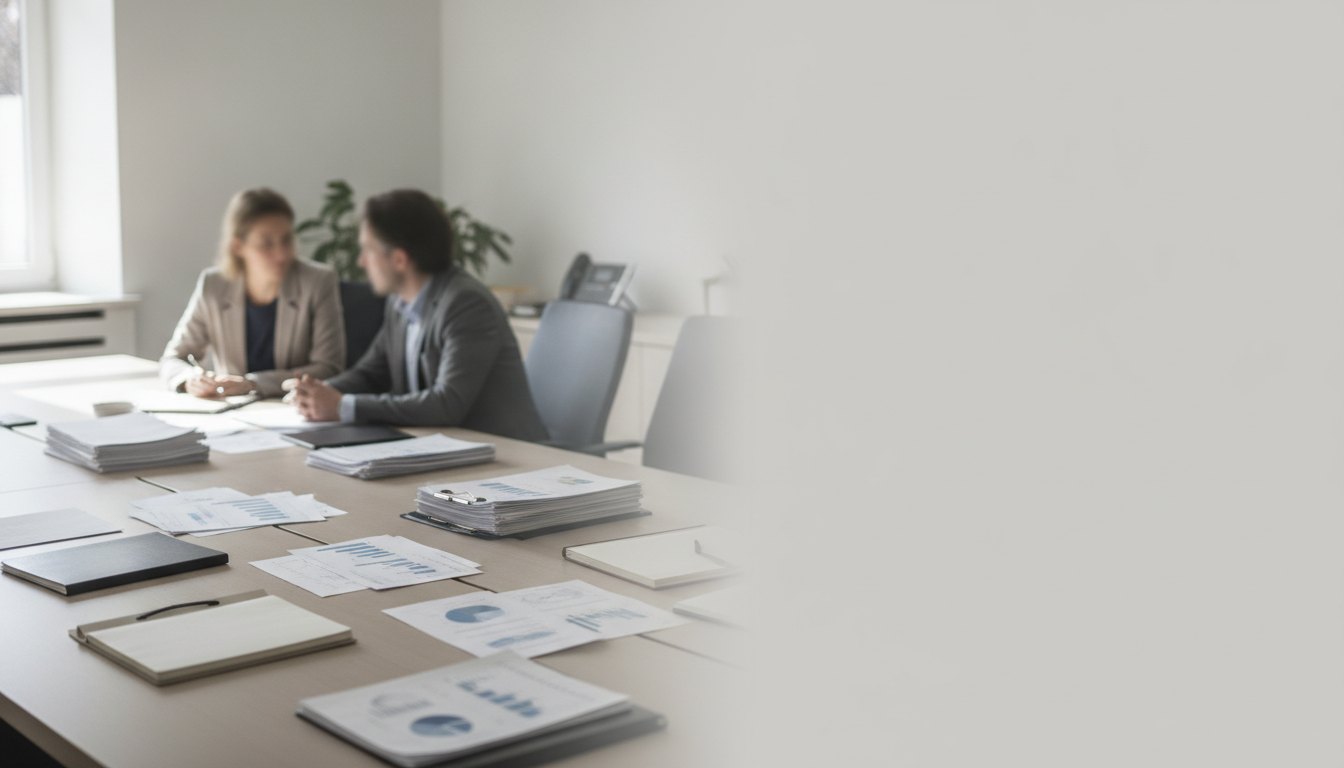 Duas pessoas sentadas à mesa de escritório conversando de forma séria e profissional com documentos.