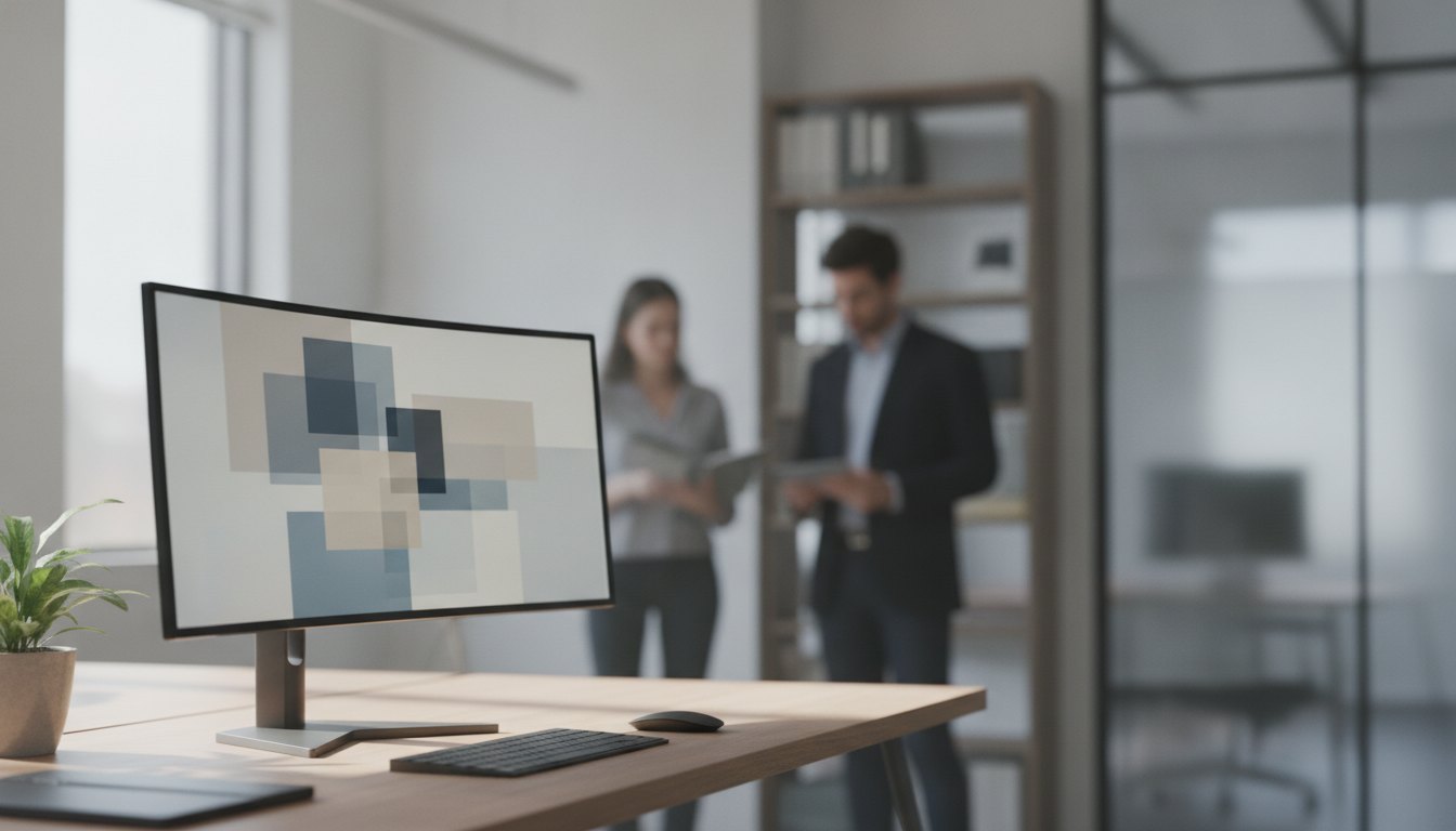 Duas pessoas analisando um layout em um monitor de computador em um escritório bem iluminado.
