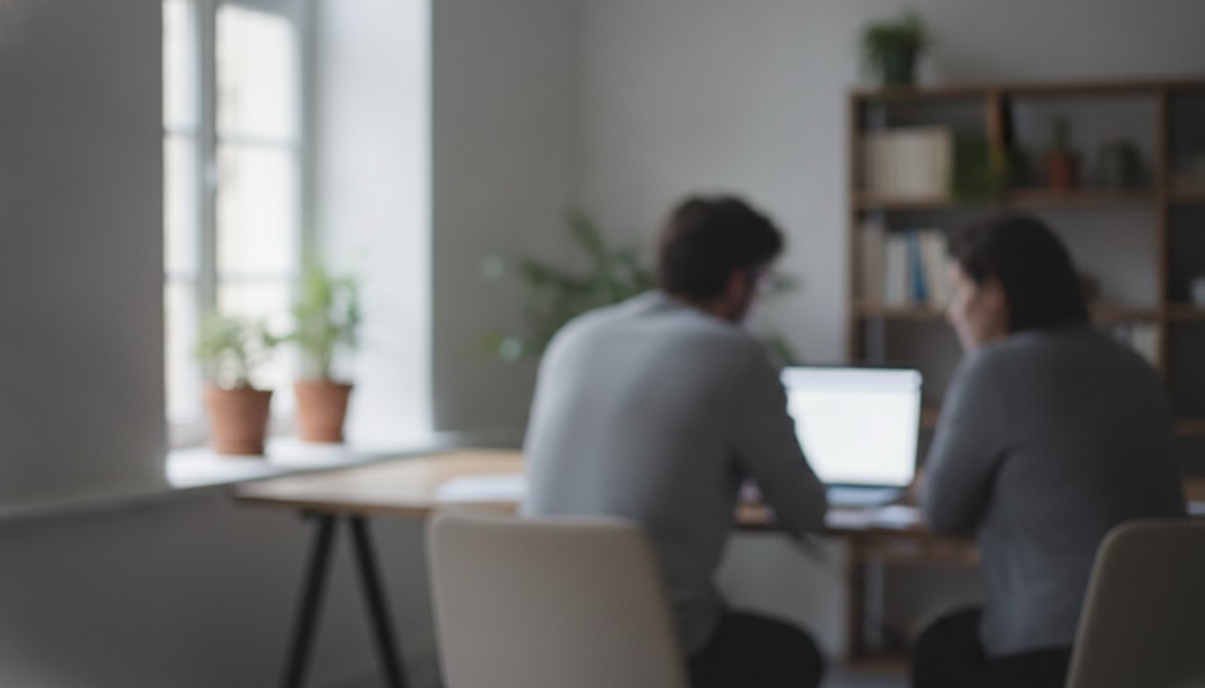 Duas pessoas em uma mesa de escritório conversando e olhando para a tela de um notebook.