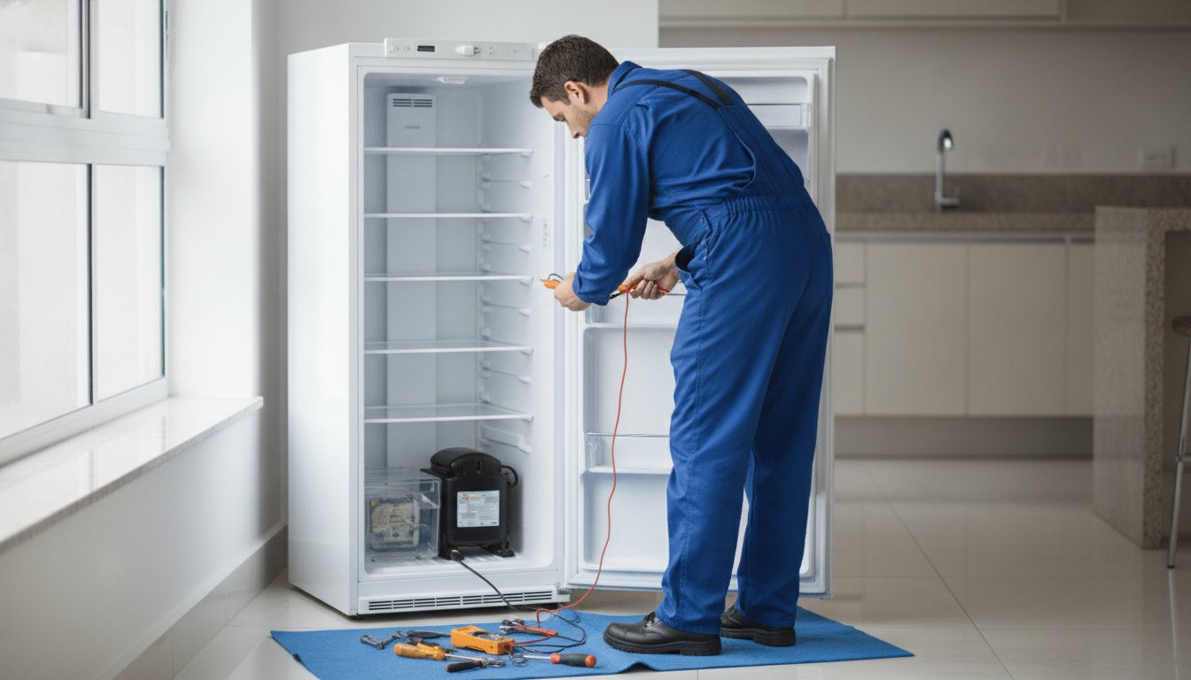 Técnico de uniforme azul analisando o motor de uma geladeira com ferramentas em uma cozinha.