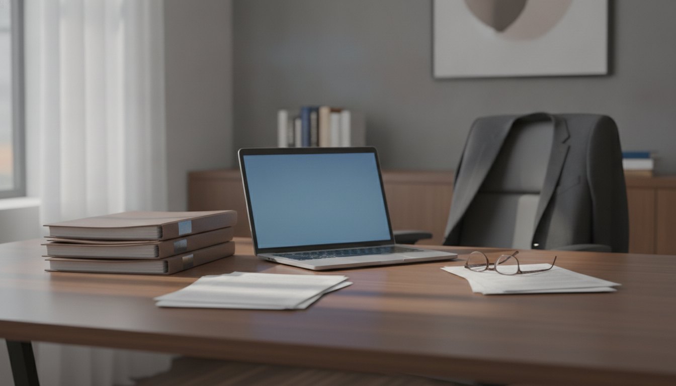 Profissional de terno analisando documentos em uma mesa de escritório com um notebook aberto.