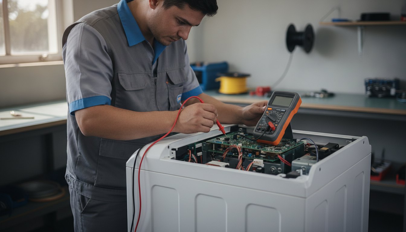 Técnico uniformizado verifica o painel de uma máquina de lavar com um multímetro digital.