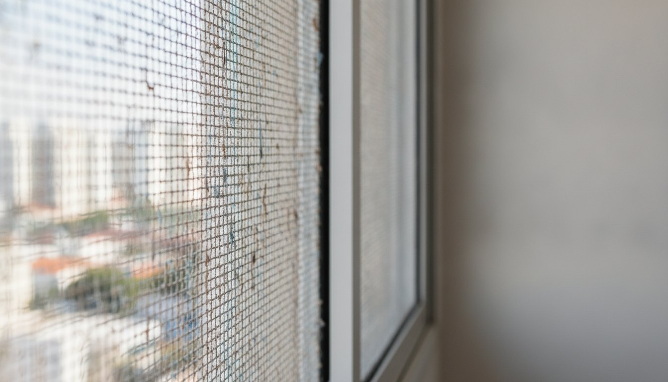 Janela de apartamento com tela de segurança apresentando fios levemente desbotados pela ação do sol.