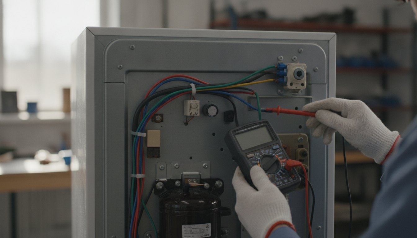 Técnico com multímetro medindo a corrente elétrica no painel traseiro de um refrigerador doméstico.