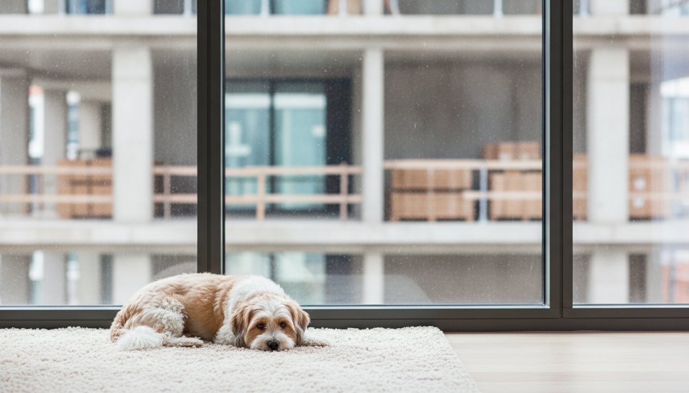 Cachorro pequeno deitado sobre um tapete felpudo ao lado de uma janela grande de vidro.