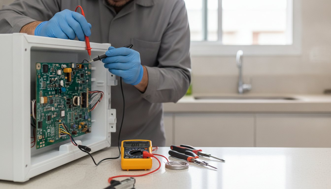 Técnico utilizando multímetro para testar os contatos da placa eletrônica de um eletrodoméstico branco na cozinha.