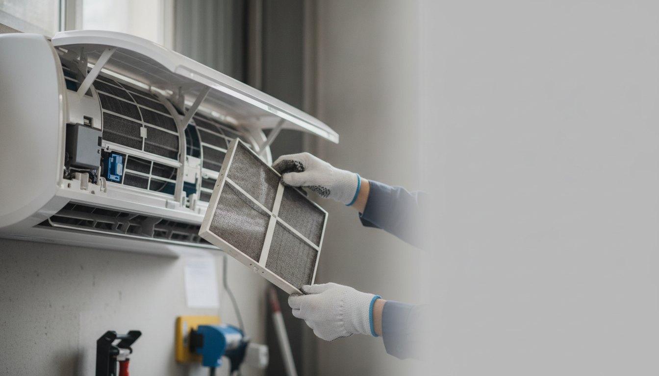 Técnico com luvas inspecionando o painel frontal e os filtros de um aparelho de ar-condicionado.