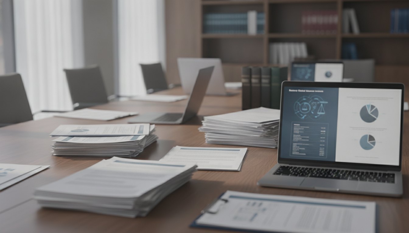 Profissionais reunidos em uma mesa de escritório analisando documentos impressos e telas de notebook.