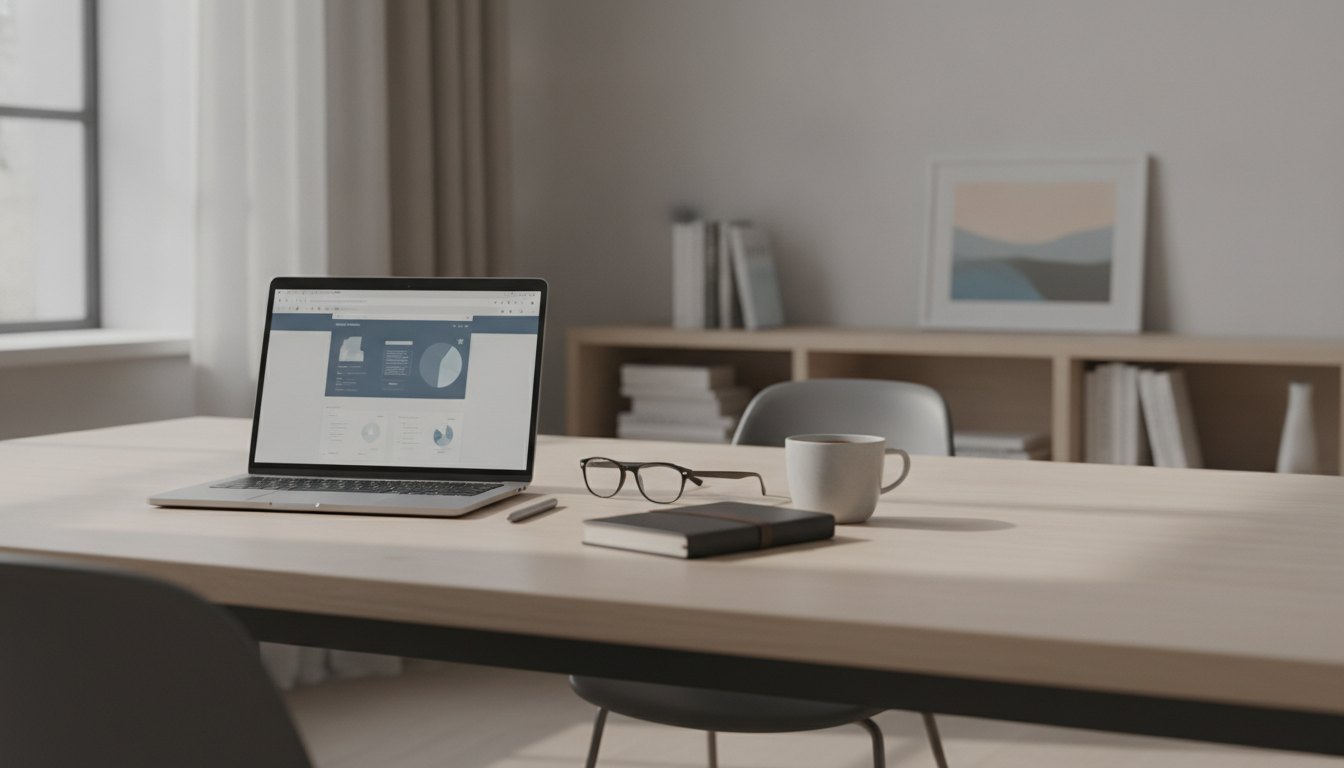 Profissional de agência digital trabalhando em um computador portátil sobre uma mesa de escritório.