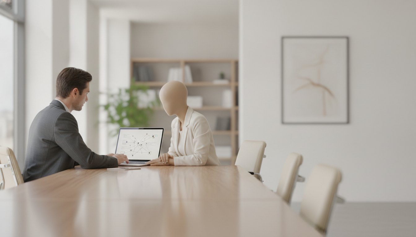 Duas pessoas sentadas à mesa de um escritório olhando para a tela de um notebook.