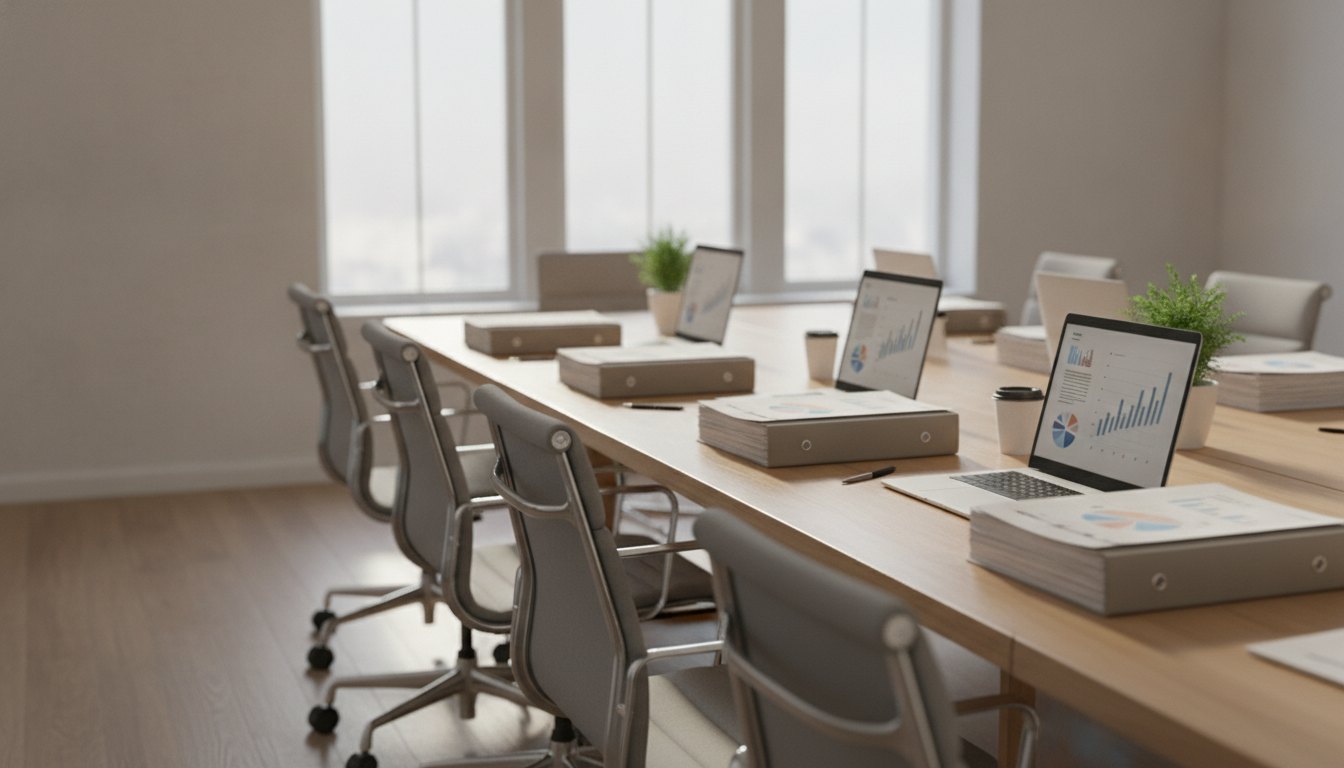 Pessoas sentadas ao redor de uma mesa de reunião com notebooks e documentos impressos sobre ela.
