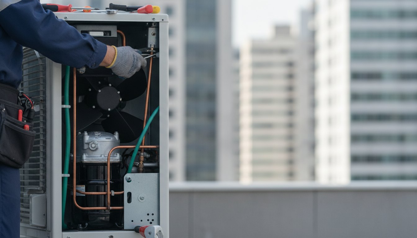Técnico com uniforme de trabalho utilizando ferramentas manuais na unidade externa de um aparelho climatizador.