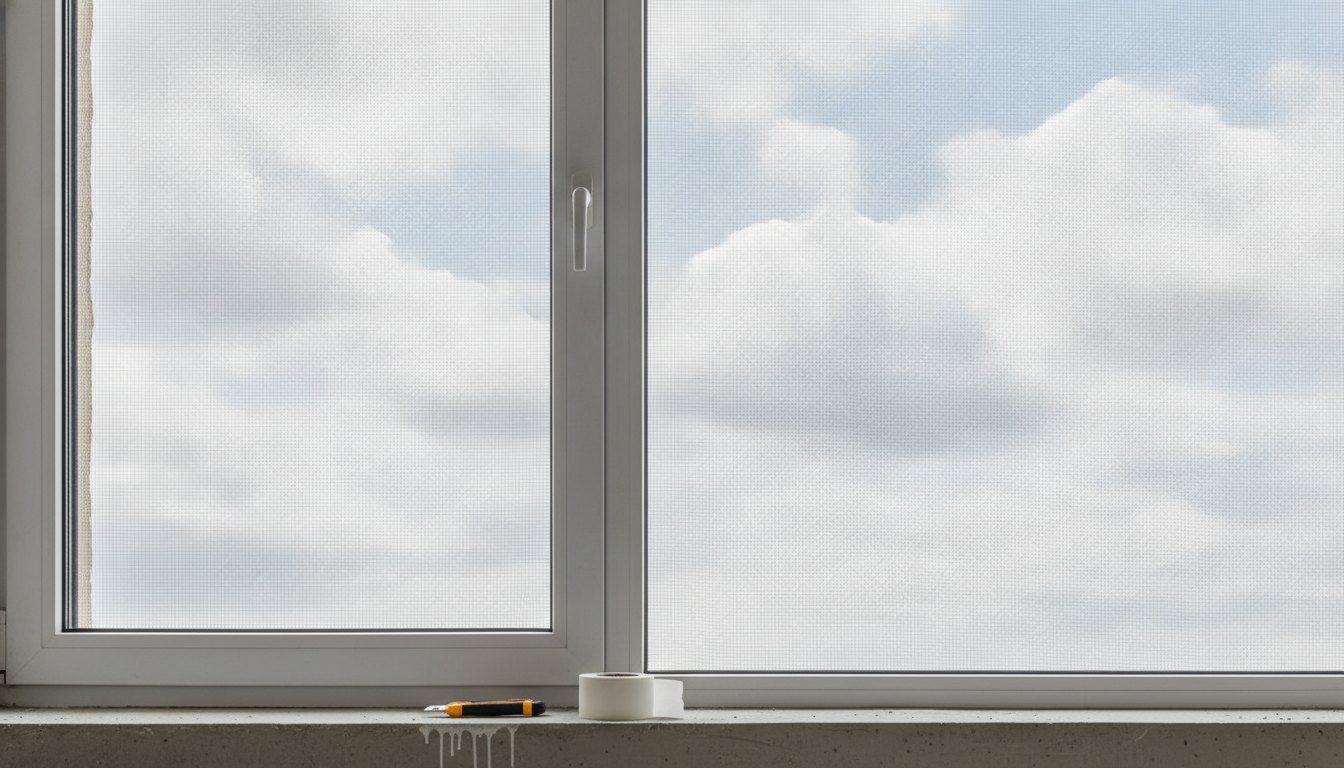 Janela de apartamento com tela de proteção translúcida contra um fundo de céu azul nublado.
