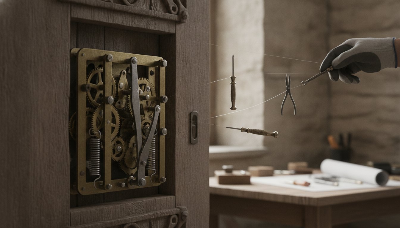 Profissional ajustando o maquinário interno de uma porta de madeira com ferramentas manuais de precisão.