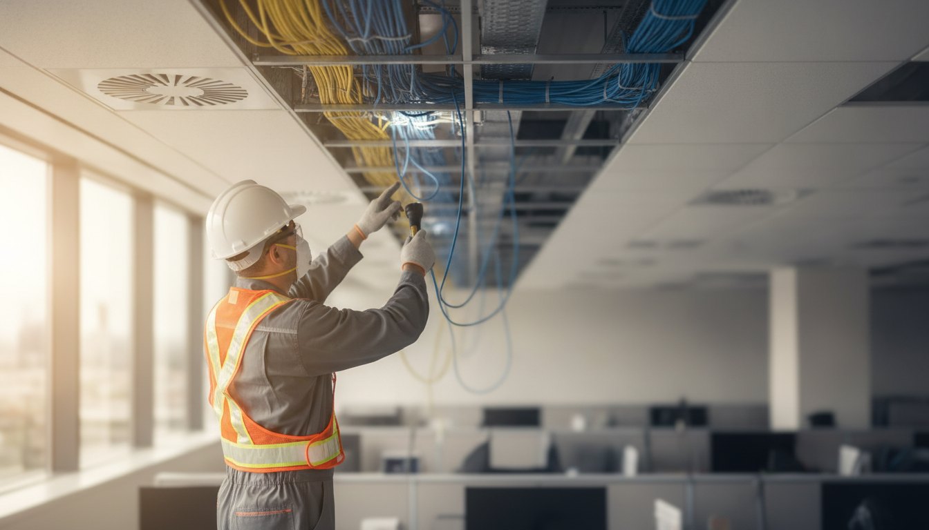 Profissional com equipamento de proteção individual inspeciona cabeamento de rede no forro do escritório corporativo.