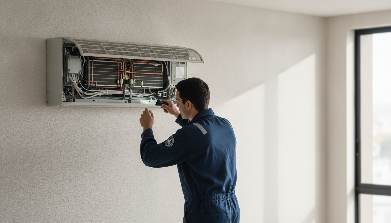 Técnico com uniforme inspecionando o painel de um aparelho de ar condicionado aberto na parede.