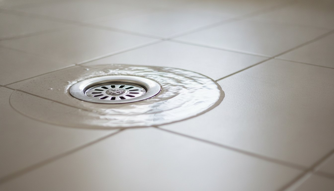 Água empoçada em um ralo de banheiro com piso de cerâmica clara.
