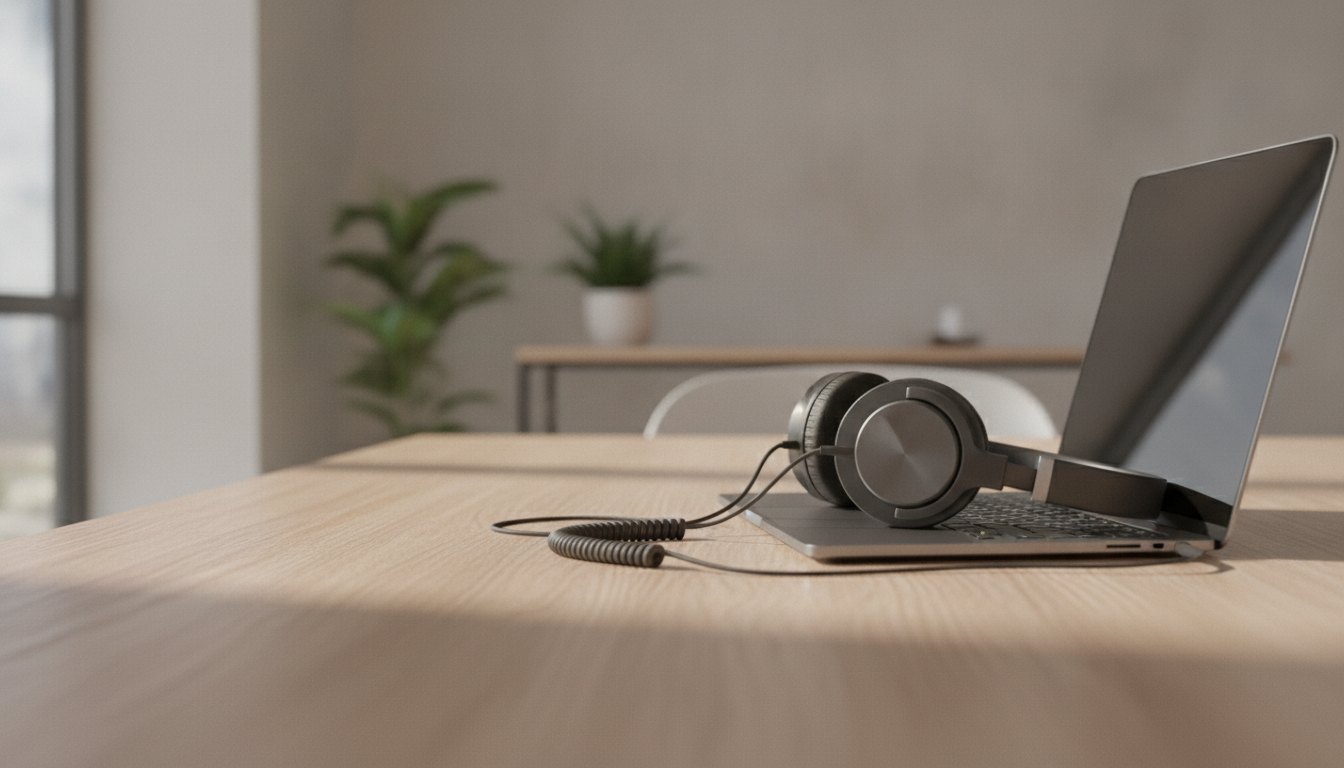 Mulher com fones de ouvido digitando em um notebook apoiado em uma mesa de madeira.