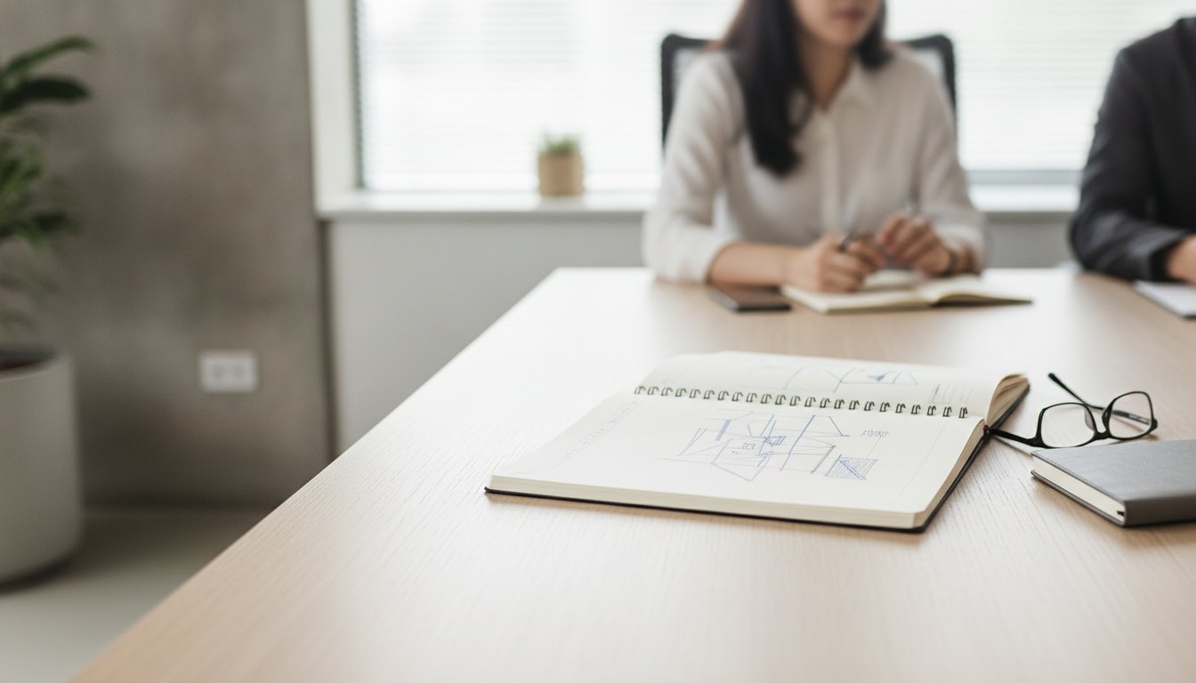 Duas pessoas sentadas em uma mesa de escritório observando anotações em um caderno aberto.