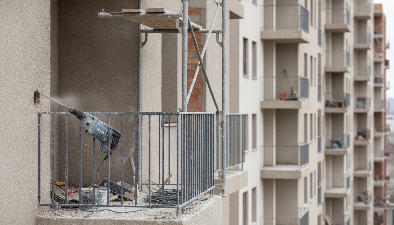 Profissional com furadeira atuando na parede externa de uma varanda residencial.