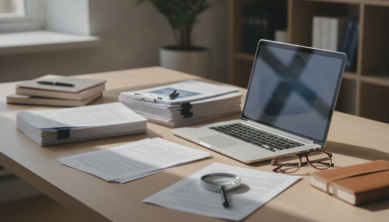 Homem trabalhando em um notebook enquanto analisa documentos impressos sobre a mesa.