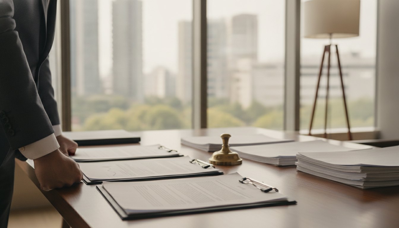 Homem de terno analisa documentos em um escritório corporativo moderno com iluminação natural.