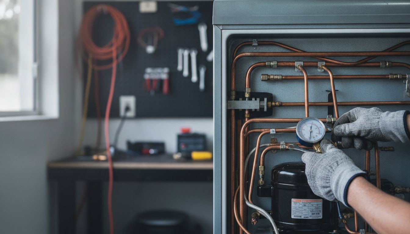 Técnico com luvas de proteção testando a tubulação traseira de um refrigerador residencial.