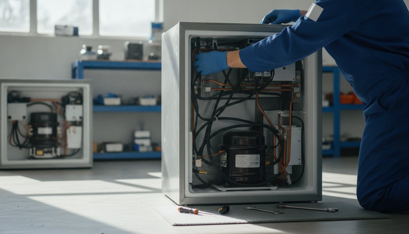 Técnico com uniforme e luvas ajustando o painel traseiro de um refrigerador doméstico.