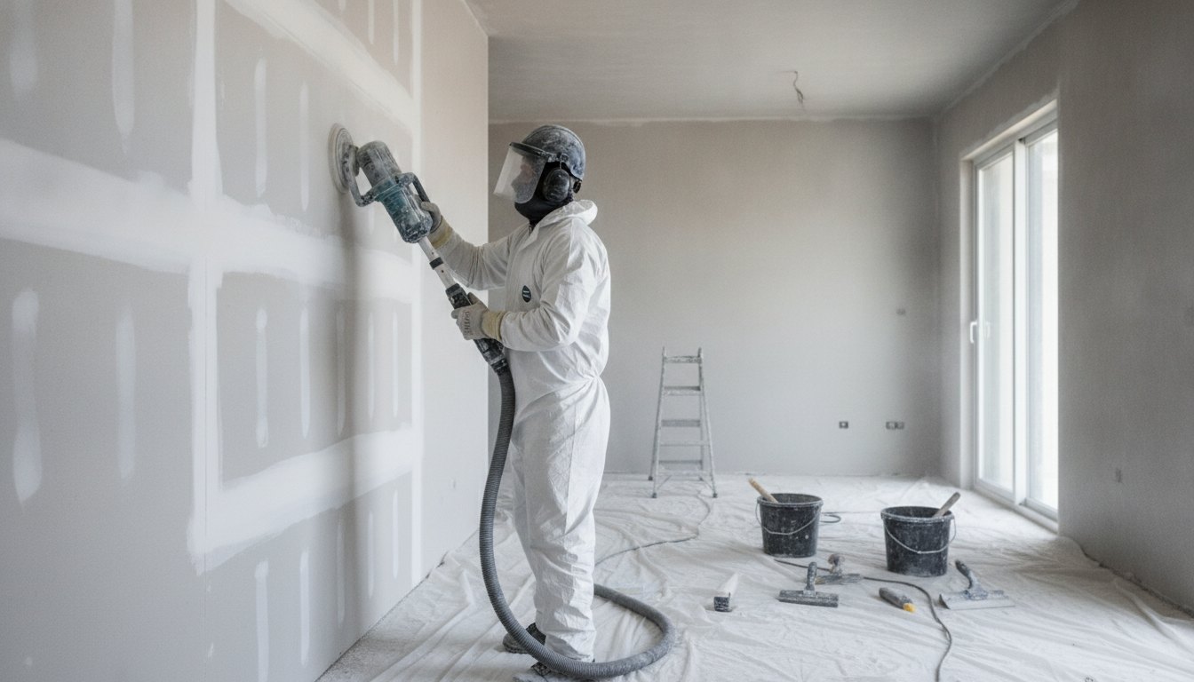 Profissional com equipamento de proteção lixando uma parede recém-construída com placas de gesso acartonado.