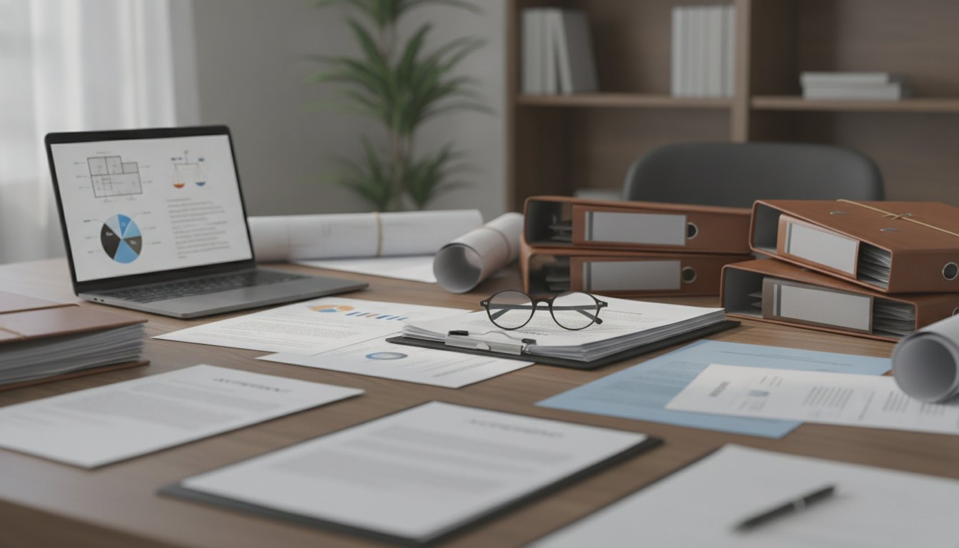 Profissional examina documentos legais em uma mesa com notebook e pastas organizadas.