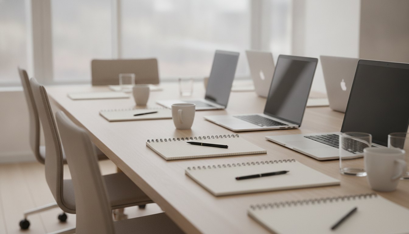 Profissionais sentados ao redor de uma mesa de reunião com notebooks e cadernos abertos.