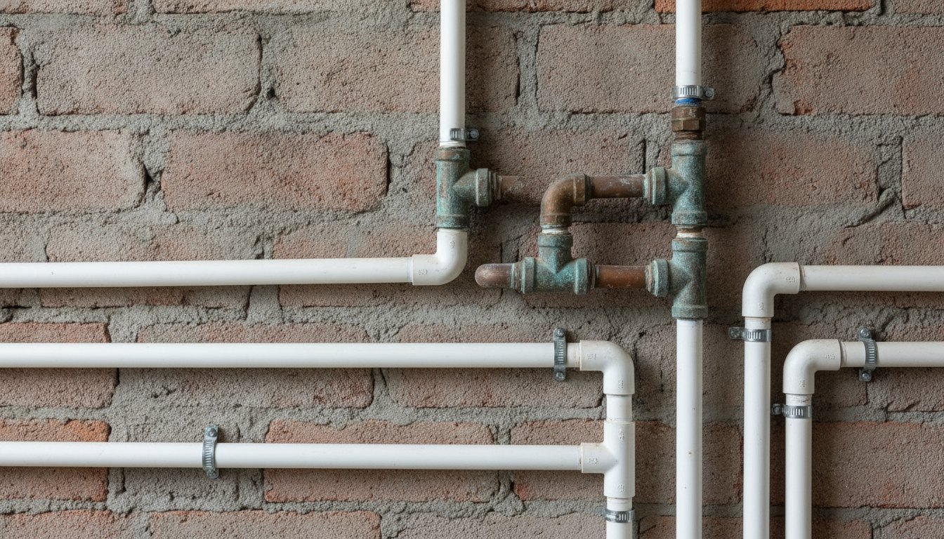 Canos de cobre envelhecidos conectados a tubos de PVC branco em uma parede de alvenaria.