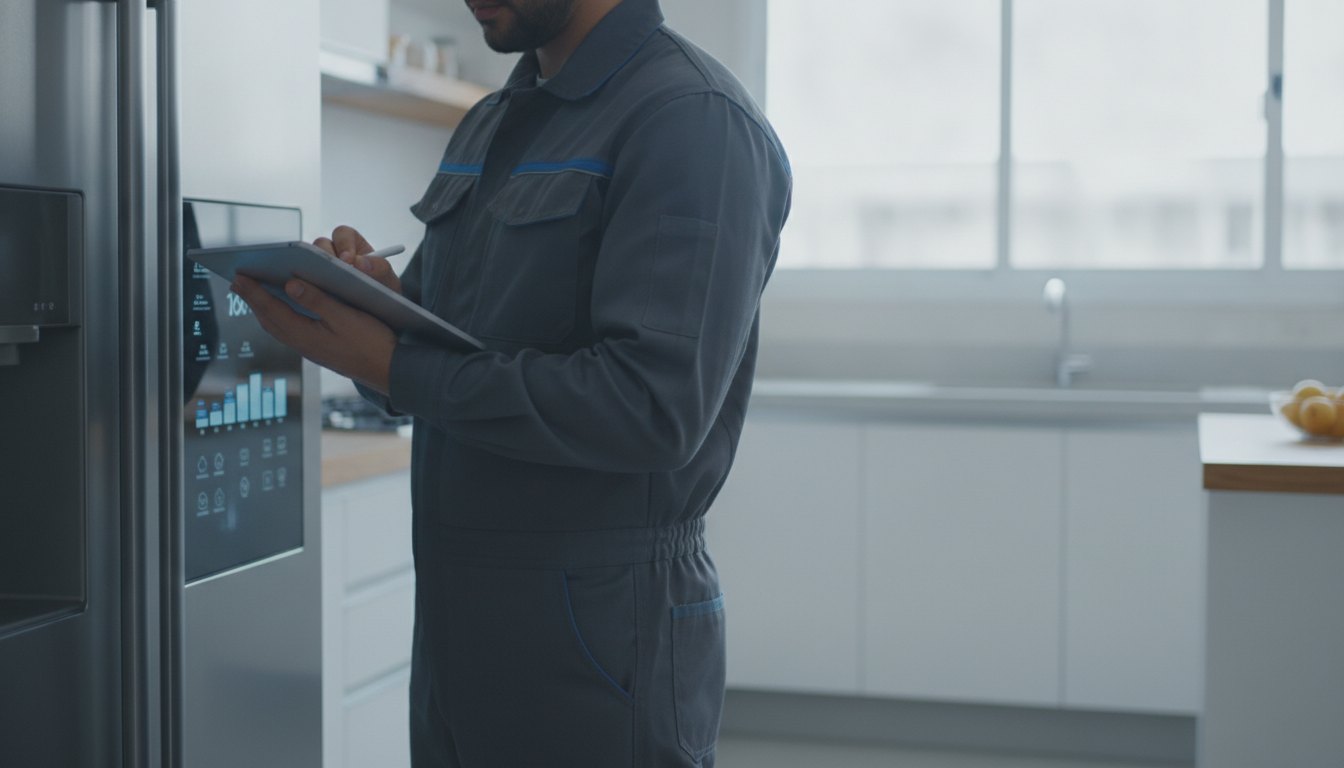 Técnico uniformizado analisa painel digital de geladeira enquanto anota informações em um tablet.