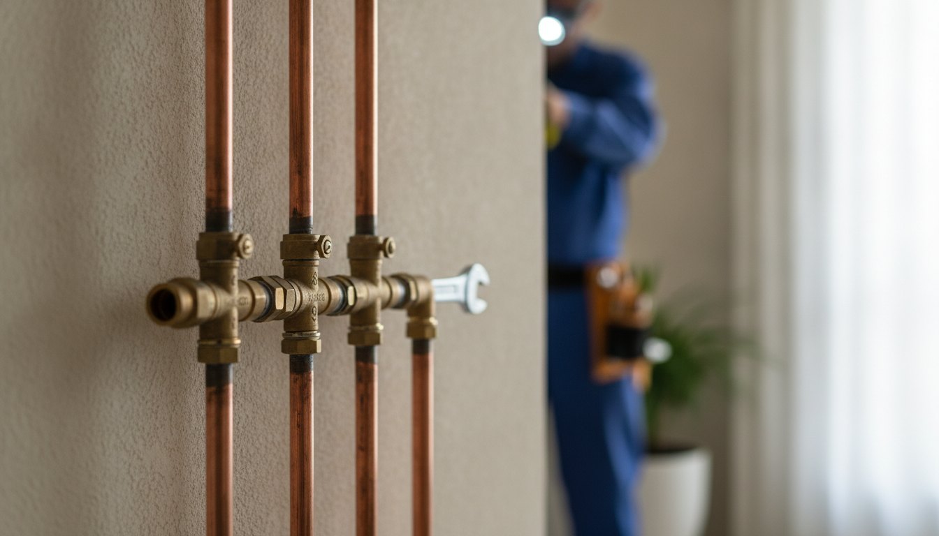 Técnico inspecionando tubulação de cobre e válvulas em parede residencial.