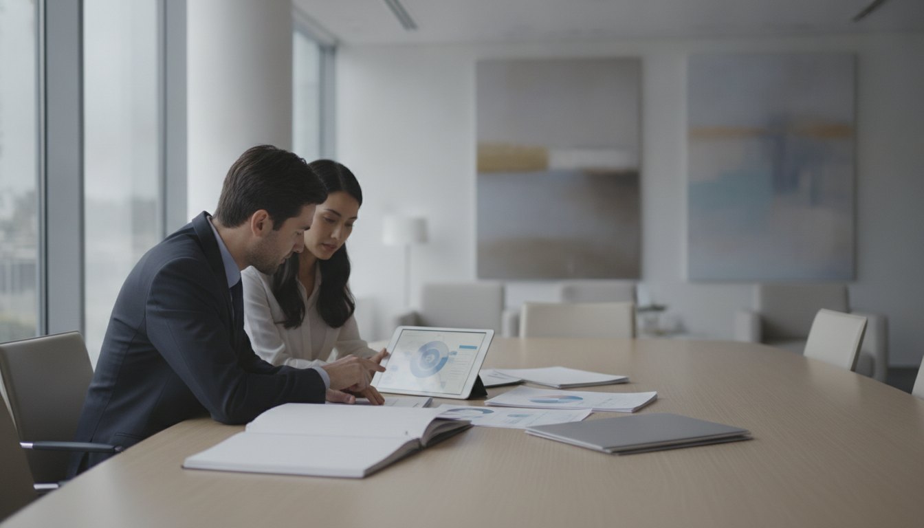 Duas pessoas sentadas em uma mesa de reunião analisando documentos impressos e a tela de um tablet.